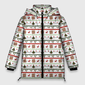 Женская зимняя куртка Oversize с принтом узор новогодний Бело красно зеленый в Новосибирске, верх — 100% полиэстер; подкладка — 100% полиэстер; утеплитель — 100% полиэстер | длина ниже бедра, силуэт Оверсайз. Есть воротник-стойка, отстегивающийся капюшон и ветрозащитная планка. 

Боковые карманы с листочкой на кнопках и внутренний карман на молнии | deer | new year | елка | колокольчики | новый год | олень | растение | снежинка | узор
