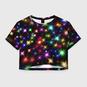 Женская футболка Crop-top 3D с принтом ПРАЗДНИЧНЫЕ ОГОНЬКИ в Новосибирске, 100% полиэстер | круглая горловина, длина футболки до линии талии, рукава с отворотами | christmas | lights | new year | stars | гирлянда | звезды | зима | новый год | огни | праздник | разноцветные | текстура | яркие