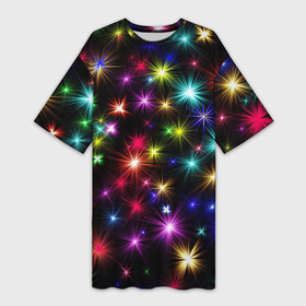 Платье-футболка 3D с принтом ПРАЗДНИЧНЫЕ ОГОНЬКИ в Новосибирске,  |  | christmas | lights | new year | stars | гирлянда | звезды | зима | новый год | огни | праздник | разноцветные | текстура | яркие