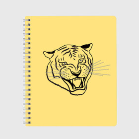 Тетрадь с принтом тигр на золотом фоне в Новосибирске, 100% бумага | 48 листов, плотность листов — 60 г/м2, плотность картонной обложки — 250 г/м2. Листы скреплены сбоку удобной пружинной спиралью. Уголки страниц и обложки скругленные. Цвет линий — светло-серый
 | art line | chinese calendar | contour | golden | head | mascot | muzzle | new year | symbol | tiger | year of the tiger | арт лайн | год тигра | голова | золотой | китайский календарь | контур | новогодний | новый год | символ | талисман | тигр
