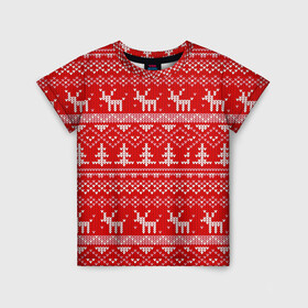 Детская футболка 3D с принтом Новогодний узор с оленями и елкой в Новосибирске, 100% гипоаллергенный полиэфир | прямой крой, круглый вырез горловины, длина до линии бедер, чуть спущенное плечо, ткань немного тянется | Тематика изображения на принте: 2021 | 2022 | christmas | merry | merry christmas | new year | snow | sweater | ugly christmas | winter | year of the tiger | год тигра | зима | новогодний | новогодняя | новый год | рождественский | рождественский свитер | рождество | свитер | 