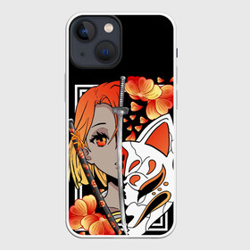 Чехол для iPhone 13 mini с принтом Samurai girl в Новосибирске,  |  | girl | japan | samurai | лис | маска | мечи | самурай | цветы