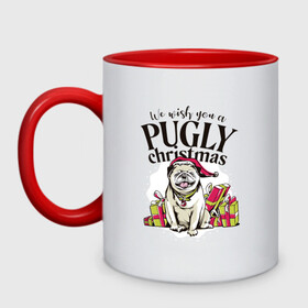 Кружка двухцветная с принтом Pugly Christmas в Новосибирске, керамика | объем — 330 мл, диаметр — 80 мм. Цветная ручка и кайма сверху, в некоторых цветах — вся внутренняя часть | Тематика изображения на принте: christmas | dog | drawing | gifts | new year | pug | pugly | мопс | новый год | пес | подарки | рисунок | рождество | собака
