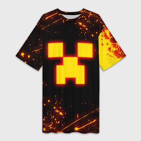 Платье-футболка 3D с принтом ОГНЕННЫЙ КРИПЕР, МАЙНКРАФТ в Новосибирске,  |  | block | creeper | cube | fire | flame | minecraft | pixel | tnt | блок | гаст | геометрия | крафт | крипер | кубики | майнкрафт | огонь | пиксели | пламя | тнт