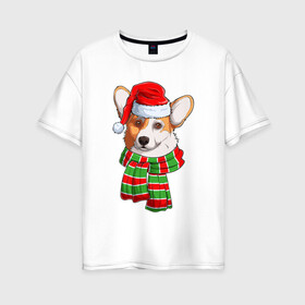 Женская футболка хлопок Oversize с принтом Новогодний Вельш корги в Новосибирске, 100% хлопок | свободный крой, круглый ворот, спущенный рукав, длина до линии бедер
 | christmas | corgi | dog | santa | дед мороз | елка | зима | корги | новый год | рождество | санта | снег | снегурочка | снежинка | собака | собачка | щенок