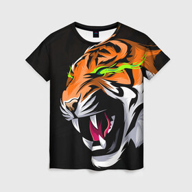 Женская футболка 3D с принтом Тигр, с зелеными глазами в Новосибирске, 100% полиэфир ( синтетическое хлопкоподобное полотно) | прямой крой, круглый вырез горловины, длина до линии бедер | 2022 | amur tiger | beast | fangs | happy new year | merry christmas | new year | predator | snow | stars | stern grin | stern look | winter | year of the tiger | амурский тигр | год тигра | зверь | зима | клыки | новый год | снег | суровый взгл