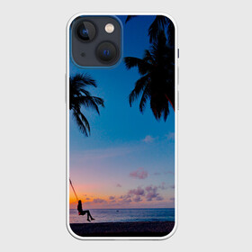Чехол для iPhone 13 mini с принтом Пляжное настроение в Новосибирске,  |  | вечернеенебо | закат | море | облака | пальмы | песок | пляж