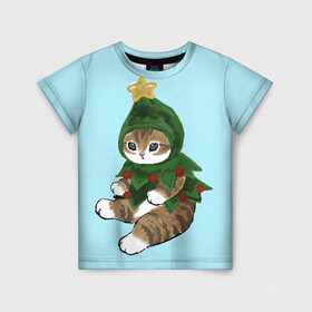 Детская футболка 3D с принтом Кот ёлочка в Новосибирске, 100% гипоаллергенный полиэфир | прямой крой, круглый вырез горловины, длина до линии бедер, чуть спущенное плечо, ткань немного тянется | арт | арт с котом | в подарок | для детей | для ребенка | елка | забавный кот | иллюстрация | илюстрация | к новому году | кот | кот в костюме | коты | кошка | кошки | красивый кот | милые животные | на