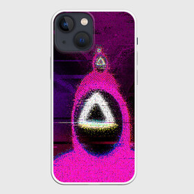 Чехол для iPhone 13 mini с принтом Squid game glitch в Новосибирске,  |  | abstraction | glitch | squid game | абстракция | глитч | глич | игра в кальмара | игра кальмара | маска | маска с треугольником | разводы | розовый костюм | треугольник | узоры