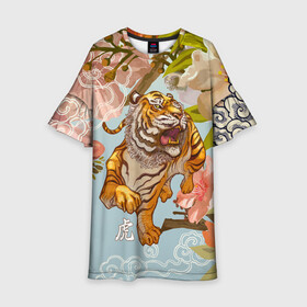 Детское платье 3D с принтом Китайский тигр | Символ 2022 года в Новосибирске, 100% полиэстер | прямой силуэт, чуть расширенный к низу. Круглая горловина, на рукавах — воланы | 2022 | 2022 тигр | восточный тигр | восточный узор | иероглиф тигра | китай | китайский пейзаж | китайский тигр | новый год | тигр | тигр 2022 | тигр китайский