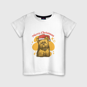 Детская футболка хлопок с принтом Merry Christmas в Новосибирске, 100% хлопок | круглый вырез горловины, полуприлегающий силуэт, длина до линии бедер | art | christmas | dog | drawing | hat | new year | stars | арт | звезды | новый год | пес | рисунок | рождество | собака | собака в шапке