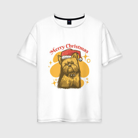 Женская футболка хлопок Oversize с принтом Merry Christmas в Новосибирске, 100% хлопок | свободный крой, круглый ворот, спущенный рукав, длина до линии бедер
 | art | christmas | dog | drawing | hat | new year | stars | арт | звезды | новый год | пес | рисунок | рождество | собака | собака в шапке