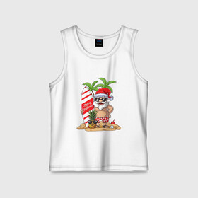 Детская майка хлопок с принтом Santa on Vibe в Новосибирске,  |  | art | beach | christmas | new year | palm trees | pineapple | sand | santa | santa claus | surfing | vibe | ананас | арт | вайб | новый год | пальмы | песок | пляж | рождество | санта | санта клаус | серфинг