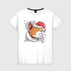 Женская футболка хлопок с принтом Christmas Cat в Новосибирске, 100% хлопок | прямой крой, круглый вырез горловины, длина до линии бедер, слегка спущенное плечо | art | cat | christmas | kitty | new year | santa hat | арт | кот | котик | кошка | новый год | рождество | шапка санты