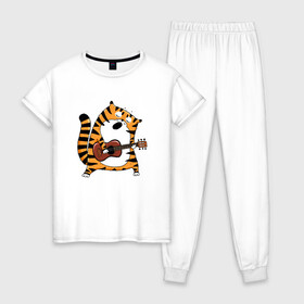 Женская пижама хлопок с принтом Тигр играет на гитаре в Новосибирске, 100% хлопок | брюки и футболка прямого кроя, без карманов, на брюках мягкая резинка на поясе и по низу штанин | 2022 | год тигра | новый год | новый год 2022 | символ года | тигр | тигренок | тигрица | тигры