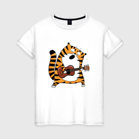 Женская футболка хлопок с принтом Тигр играет на гитаре в Новосибирске, 100% хлопок | прямой крой, круглый вырез горловины, длина до линии бедер, слегка спущенное плечо | 2022 | год тигра | новый год | новый год 2022 | символ года | тигр | тигренок | тигрица | тигры