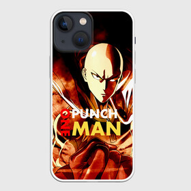 Чехол для iPhone 13 mini с принтом Огненный Сайтама One Punch Man в Новосибирске,  |  | hagemanto | one punch man | one punchman | onepunchman | saitama | sensei | аниме | ван панч мен | ванпанчмен | лысый плащ | манга | сайтама | сильнейший человек | учитель | человек одинудар | человек одного удара