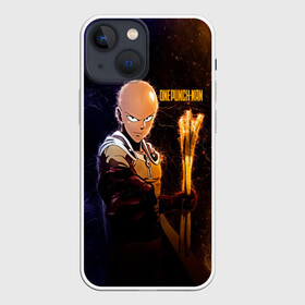 Чехол для iPhone 13 mini с принтом Космический Сайтама One Punch Man в Новосибирске,  |  | hagemanto | one punch man | one punchman | onepunchman | saitama | sensei | аниме | ван панч мен | ванпанчмен | лысый плащ | манга | сайтама | сильнейший человек | учитель | человек одинудар | человек одного удара