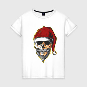 Женская футболка хлопок с принтом Santa Skull в Новосибирске, 100% хлопок | прямой крой, круглый вырез горловины, длина до линии бедер, слегка спущенное плечо | art | beard | hat | santa | skull | арт | борода | санта | череп | шапка