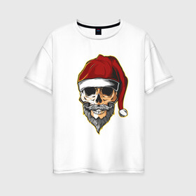 Женская футболка хлопок Oversize с принтом Santa Skull в Новосибирске, 100% хлопок | свободный крой, круглый ворот, спущенный рукав, длина до линии бедер
 | art | beard | hat | santa | skull | арт | борода | санта | череп | шапка