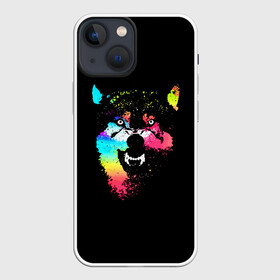 Чехол для iPhone 13 mini с принтом Неоновый свирепый волк в Новосибирске,  |  | color | enemy | fangs | force | grin | jaw | power | wolf | волк | зверь | клыки | мощь | неон | оскал | пасть | сила | цвет