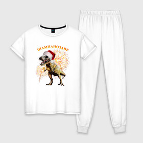 Женская пижама хлопок с принтом Новогодний шампанозавр в Новосибирске, 100% хлопок | брюки и футболка прямого кроя, без карманов, на брюках мягкая резинка на поясе и по низу штанин | бокалы | динозавр | праздник | салют | шапка