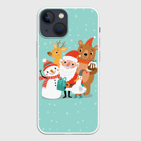 Чехол для iPhone 13 mini с принтом Звери и Дед Мороз в Новосибирске,  |  | Тематика изображения на принте: 2022 | christmas | new year | животные | звери | зверюшки | кавай | милота | милый | нг | новогодний | новый год | рождество