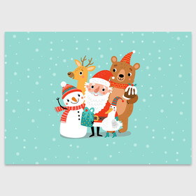 Поздравительная открытка с принтом Звери и Дед Мороз 2 в Новосибирске, 100% бумага | плотность бумаги 280 г/м2, матовая, на обратной стороне линовка и место для марки
 | 2022 | christmas | new year | животные | звери | зверюшки | кавай | милота | милый | нг | новогодний | новый год | рождество