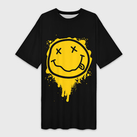 Платье-футболка 3D с принтом NIRVANA LOGO SMILE, БРЫЗГИ КРАСОК в Новосибирске,  |  | band | cobain | face | kurt | logo | music | nirvana | rock | rocknroll | группа | кобейн | курт | лого | логотип | музыка | музыкальная | нирвана | рожица | рок | рокнролл | символ