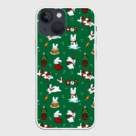 Чехол для iPhone 13 mini с принтом Новогодний паттерн с зайчиками в Новосибирске,  |  | 2022 | christmas | new year | животные | зайчик | заяц | звери | зверюшки | кавай | милота | милый | нг | новогодний | новый год | паттерн | рождество