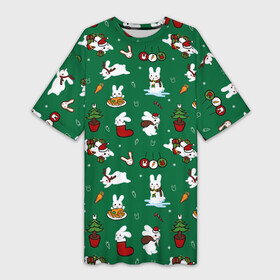 Платье-футболка 3D с принтом Новогодний паттерн с зайчиками в Новосибирске,  |  | 2022 | christmas | new year | животные | зайчик | заяц | звери | зверюшки | кавай | милота | милый | нг | новогодний | новый год | паттерн | рождество