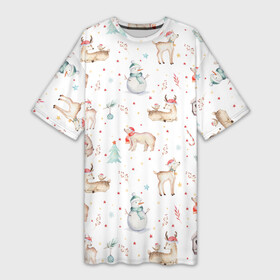 Платье-футболка 3D с принтом Паттерн с оленями и медведями в Новосибирске,  |  | 2022 | christmas | new year | животные | звери | зверюшки | кавай | медведь | медвежата | милота | милый | нг | новогодний | новый год | олени | олень | рождество