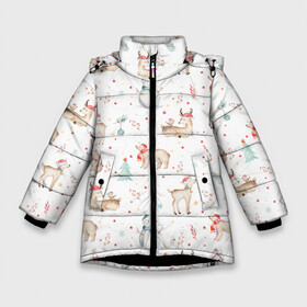 Зимняя куртка для девочек 3D с принтом Паттерн с оленями и медведями в Новосибирске, ткань верха — 100% полиэстер; подклад — 100% полиэстер, утеплитель — 100% полиэстер. | длина ниже бедра, удлиненная спинка, воротник стойка и отстегивающийся капюшон. Есть боковые карманы с листочкой на кнопках, утяжки по низу изделия и внутренний карман на молнии. 

Предусмотрены светоотражающий принт на спинке, радужный светоотражающий элемент на пуллере молнии и на резинке для утяжки. | 2022 | christmas | new year | животные | звери | зверюшки | кавай | медведь | медвежата | милота | милый | нг | новогодний | новый год | олени | олень | рождество