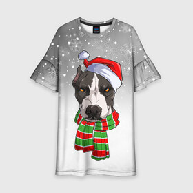 Детское платье 3D с принтом Новогодний Питбуль   New Years Pit bull в Новосибирске, 100% полиэстер | прямой силуэт, чуть расширенный к низу. Круглая горловина, на рукавах — воланы | christmas | dog | pit bull | santa | дед мороз | зима | новый год | питбуль | рождество | санта | снег | снежинка | собака | собачка | щенок