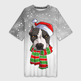 Платье-футболка 3D с принтом Новогодний Питбуль  New Year s Pit bull в Новосибирске,  |  | christmas | dog | pit bull | santa | дед мороз | зима | новый год | питбуль | рождество | санта | снег | снежинка | собака | собачка | щенок