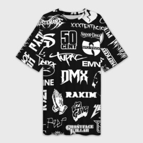 Платье-футболка 3D с принтом RAP  HIP HOP LOGOS в Новосибирске,  |  | 2pac | 50 cent | cardi b | dmx | dr dre | drake | eminem | ghostface killah | ghostmane | hip hop | jay z | kizaru | lil peep | migos | nas | notorious big | onyx | outkast | queen latifah | rakim | rap | rappers | run dmc | snoop dogg | tay k | tripple r