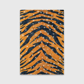 Обложка для паспорта матовая кожа с принтом Новогодняя шкура тигра в Новосибирске, натуральная матовая кожа | размер 19,3 х 13,7 см; прозрачные пластиковые крепления | Тематика изображения на принте: 2022 | новый год | оранжевый | полосатый | полоски | полосы | снег | снежинки | тгриный | тигр