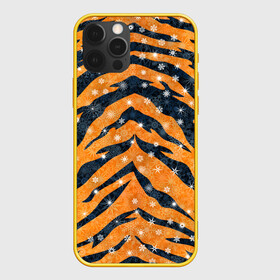 Чехол для iPhone 12 Pro с принтом Новогодняя шкура тигра в Новосибирске, силикон | область печати: задняя сторона чехла, без боковых панелей | Тематика изображения на принте: 2022 | новый год | оранжевый | полосатый | полоски | полосы | снег | снежинки | тгриный | тигр