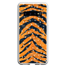 Чехол для Samsung Galaxy S10 с принтом Новогодняя шкура тигра в Новосибирске, Силикон | Область печати: задняя сторона чехла, без боковых панелей | Тематика изображения на принте: 2022 | новый год | оранжевый | полосатый | полоски | полосы | снег | снежинки | тгриный | тигр