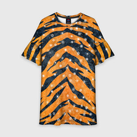 Детское платье 3D с принтом Новогодняя шкура тигра в Новосибирске, 100% полиэстер | прямой силуэт, чуть расширенный к низу. Круглая горловина, на рукавах — воланы | 2022 | новый год | оранжевый | полосатый | полоски | полосы | снег | снежинки | тгриный | тигр