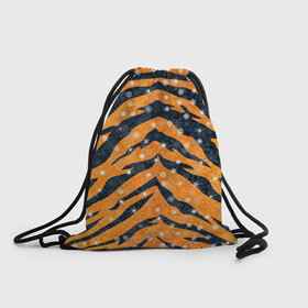 Рюкзак-мешок 3D с принтом Новогодняя шкура тигра в Новосибирске, 100% полиэстер | плотность ткани — 200 г/м2, размер — 35 х 45 см; лямки — толстые шнурки, застежка на шнуровке, без карманов и подкладки | Тематика изображения на принте: 2022 | новый год | оранжевый | полосатый | полоски | полосы | снег | снежинки | тгриный | тигр
