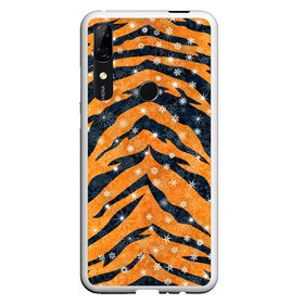 Чехол для Honor P Smart Z с принтом Новогодняя шкура тигра в Новосибирске, Силикон | Область печати: задняя сторона чехла, без боковых панелей | 2022 | новый год | оранжевый | полосатый | полоски | полосы | снег | снежинки | тгриный | тигр