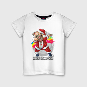 Детская футболка хлопок с принтом Christmas Pug в Новосибирске, 100% хлопок | круглый вырез горловины, полуприлегающий силуэт, длина до линии бедер | Тематика изображения на принте: christmas | dab | dog | holiday | new year | pug | rainbow | santa | даб | мопс | новый год | праздник | радуга | рождество | санта | собака