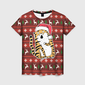Женская футболка 3D с принтом Рождественский удивленный тигр в Новосибирске, 100% полиэфир ( синтетическое хлопкоподобное полотно) | прямой крой, круглый вырез горловины, длина до линии бедер | 2022 | год тигра | новый год | новый год 2022 | символ года | тигр | тигренок | тигрица | тигры