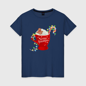 Женская футболка хлопок с принтом Рождественский пряник в Новосибирске, 100% хлопок | прямой крой, круглый вырез горловины, длина до линии бедер, слегка спущенное плечо | гирлянда | еда | кофе | кружка | новый год | праздник | пряник | рождество