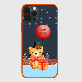 Чехол для iPhone 12 Pro с принтом Новогодний тигренок с красным шариком в Новосибирске, силикон | область печати: задняя сторона чехла, без боковых панелей | Тематика изображения на принте: 2022 | год тигра | новый год | новый год 2022 | символ года | тигр | тигренок | тигрица | тигры