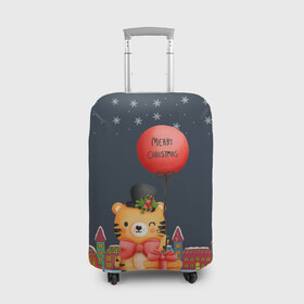 Чехол для чемодана 3D с принтом Новогодний тигренок с красным шариком в Новосибирске, 86% полиэфир, 14% спандекс | двустороннее нанесение принта, прорези для ручек и колес | 2022 | год тигра | новый год | новый год 2022 | символ года | тигр | тигренок | тигрица | тигры