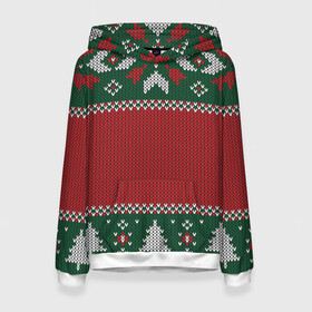 Женская толстовка 3D с принтом Knitted Christmas Pattern в Новосибирске, 100% полиэстер  | двухслойный капюшон со шнурком для регулировки, мягкие манжеты на рукавах и по низу толстовки, спереди карман-кенгуру с мягким внутренним слоем. | background | christmas | holiday | knitted | knitted pattern | pattern | trees | winter | вязаный | вязаный узор | елки | зима | праздник | рождество | узор | фон