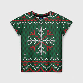 Детская футболка 3D с принтом Knitted Snowflake Pattern в Новосибирске, 100% гипоаллергенный полиэфир | прямой крой, круглый вырез горловины, длина до линии бедер, чуть спущенное плечо, ткань немного тянется | Тематика изображения на принте: background | christmas | holiday | knitted pattern | pattern | snowflakes | trees | winter | вязаный узор | елки | зима | праздник | рождество | снежинки | узор | фон