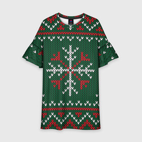 Детское платье 3D с принтом Knitted Snowflake Pattern в Новосибирске, 100% полиэстер | прямой силуэт, чуть расширенный к низу. Круглая горловина, на рукавах — воланы | Тематика изображения на принте: background | christmas | holiday | knitted pattern | pattern | snowflakes | trees | winter | вязаный узор | елки | зима | праздник | рождество | снежинки | узор | фон